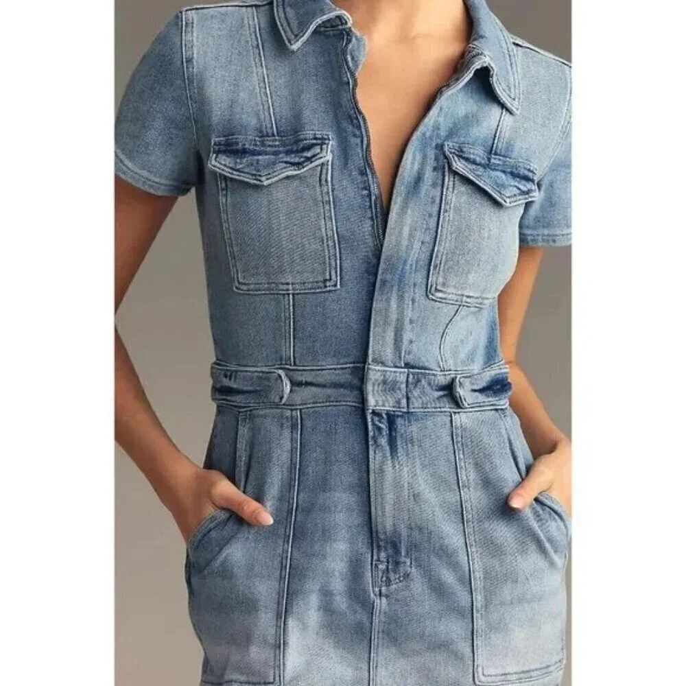 GOOD AMERICAN Fit for Success Denim Utility Dress Denim Medium Blue Size Small - Picture 13 of 16